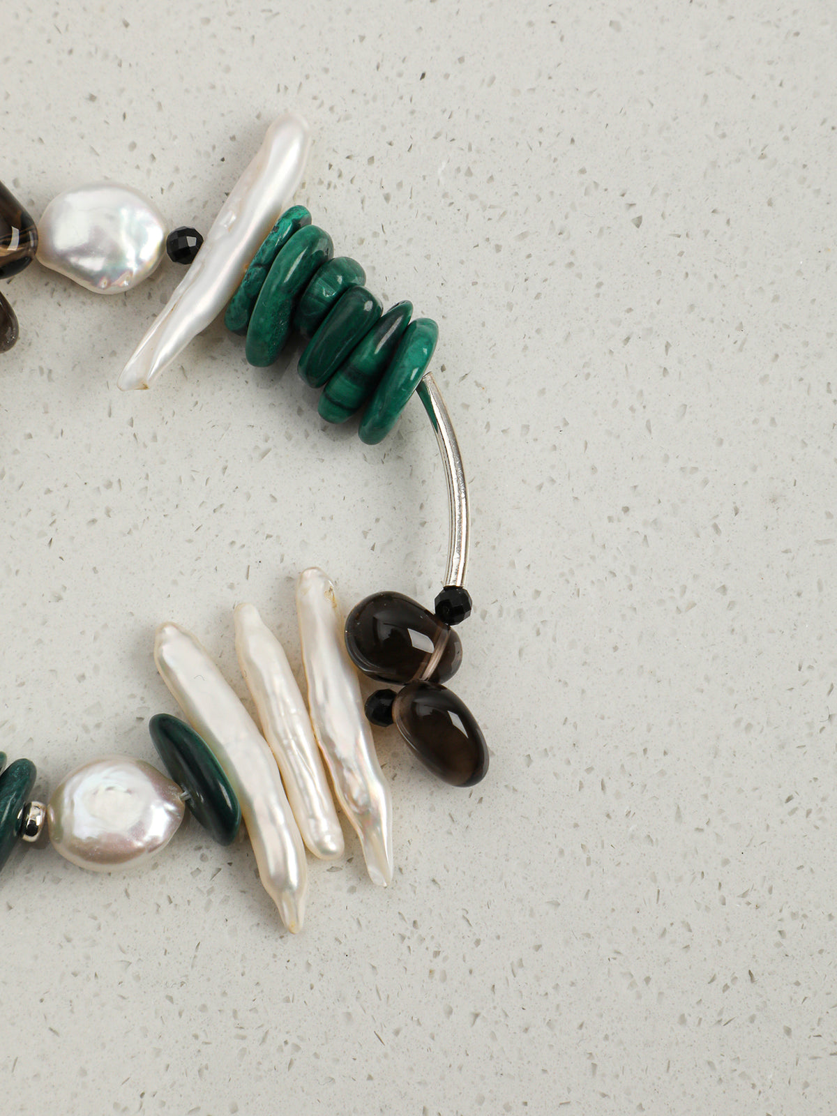 Malachite, Smoky Quartz & Baroque Pearl /Protection & Transformation/ "Forest Ripple" Silver Bar Bracelet