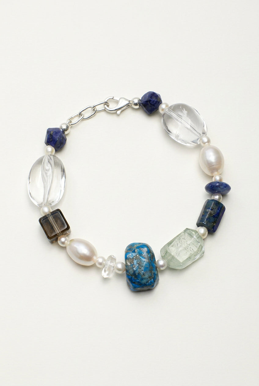 Lapis Lazuli & Clear Quartz /Wisdom & Pure Clarity/ "Azure Prism" Pearl Bracelet