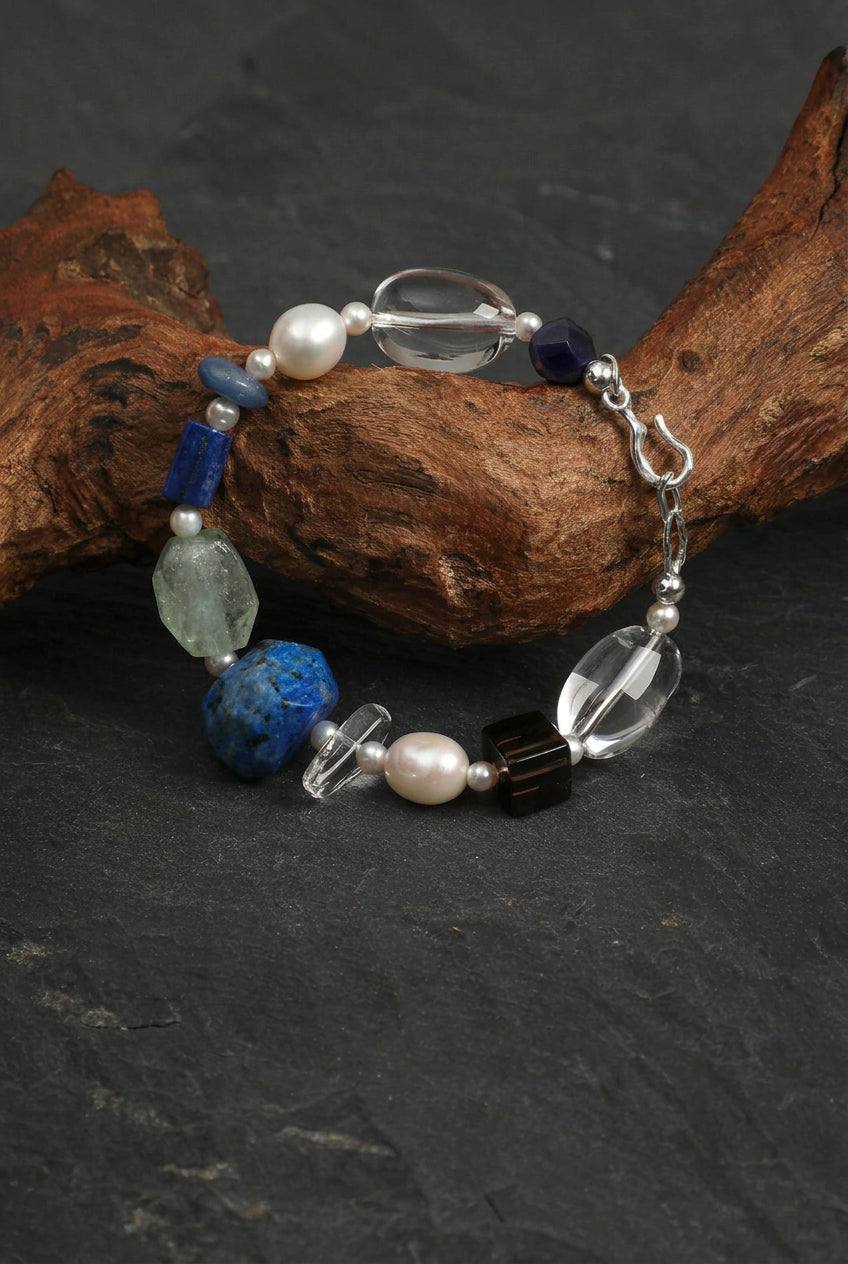 Lapis Lazuli & Clear Quartz /Wisdom & Pure Clarity/ "Azure Prism" Pearl Bracelet