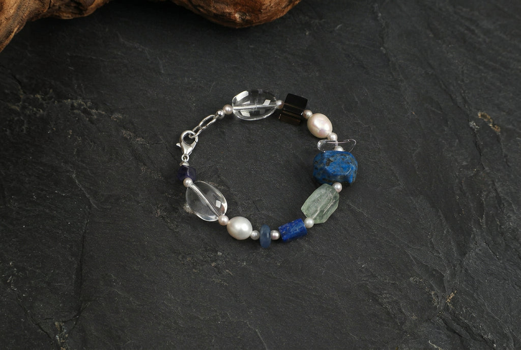 Lapis Lazuli & Clear Quartz /Wisdom & Pure Clarity/ "Azure Prism" Pearl Bracelet