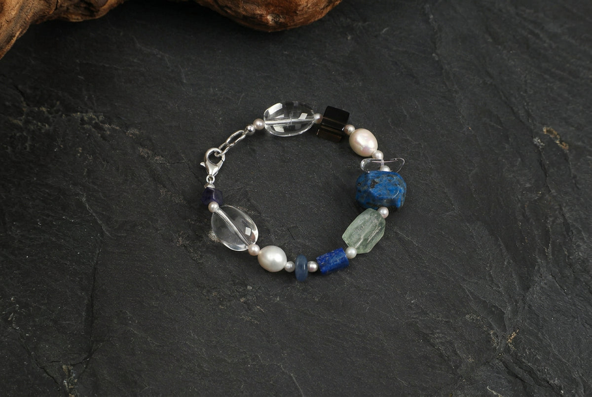 Lapis Lazuli & Clear Quartz /Wisdom & Pure Clarity/ "Azure Prism" Pearl Bracelet