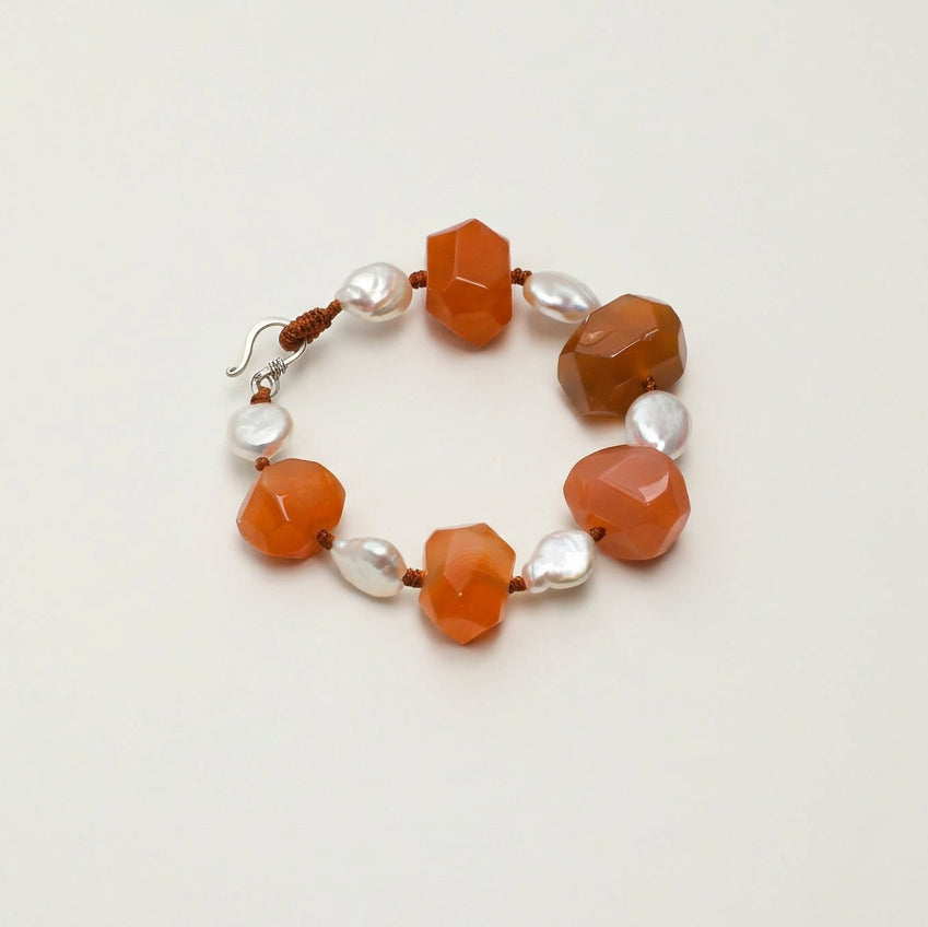 Red Agate & Drop Baroque Pearl /Vitality & Warm Grace/ "Crimson Warmth" Hand-Knotted Bracelet/Halloween Picks