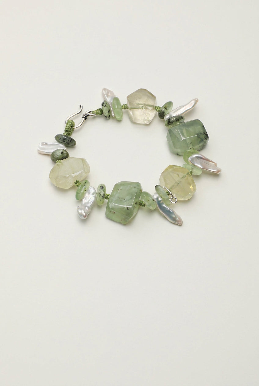 Prehnite, Citrine & Baroque Pearl /Abundance & Serenity/ "Verdant Ripple" Hand-Knotted Bracelet