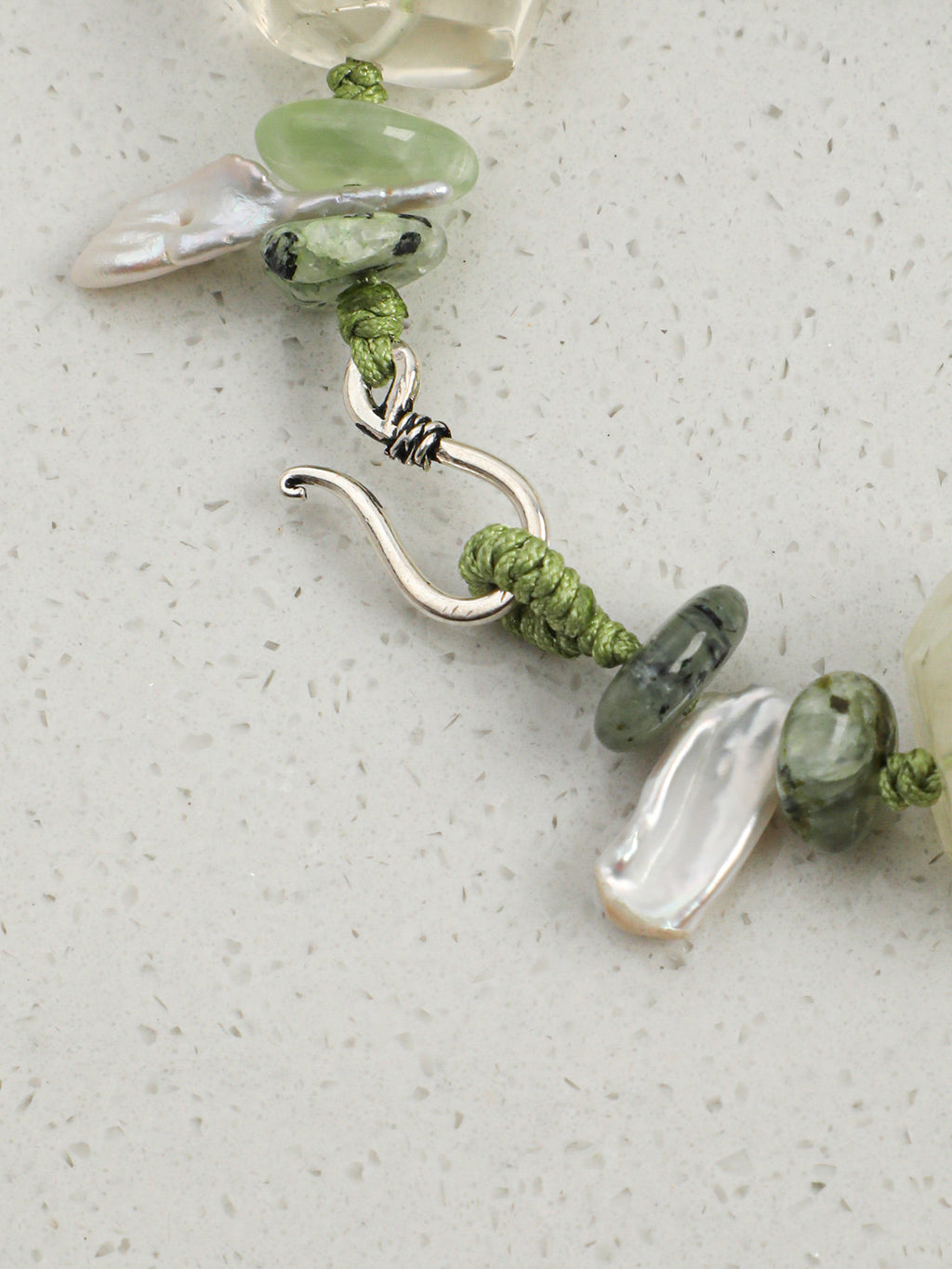 Prehnite, Citrine & Baroque Pearl /Abundance & Serenity/ "Verdant Ripple" Hand-Knotted Bracelet