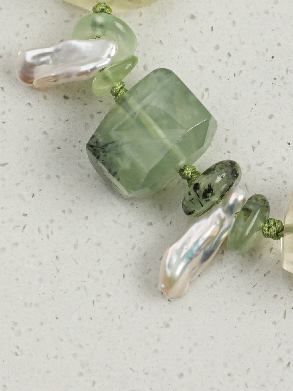 Prehnite, Citrine & Baroque Pearl /Abundance & Serenity/ "Verdant Ripple" Hand-Knotted Bracelet
