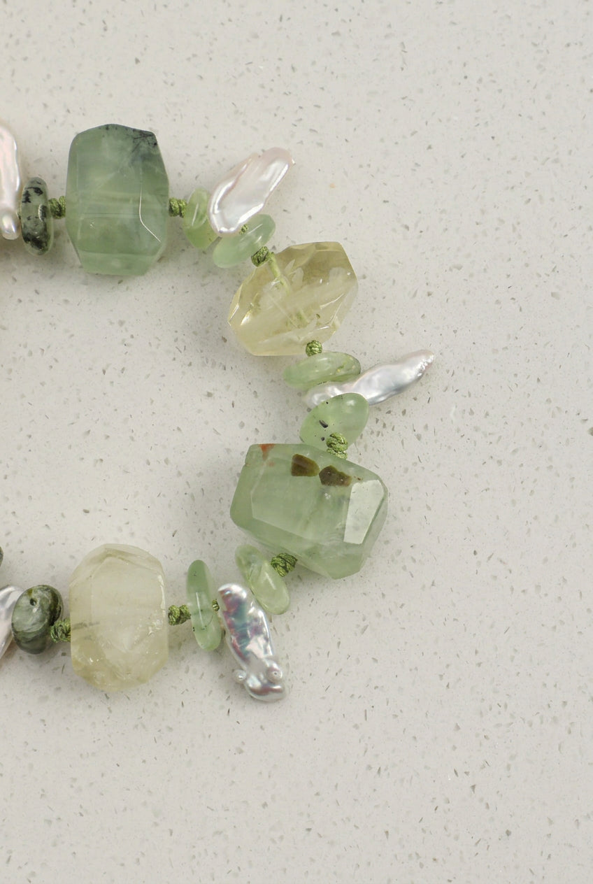 Prehnite, Citrine & Baroque Pearl /Abundance & Serenity/ "Verdant Ripple" Hand-Knotted Bracelet