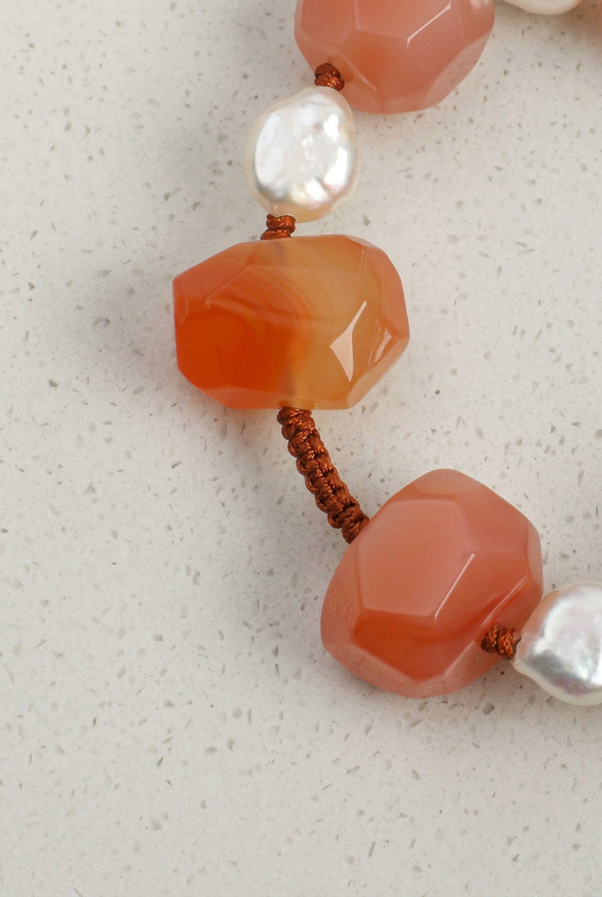 Red Agate & Drop Baroque Pearl /Vitality & Warm Grace/ "Crimson Warmth" Hand-Knotted Bracelet/Halloween Picks