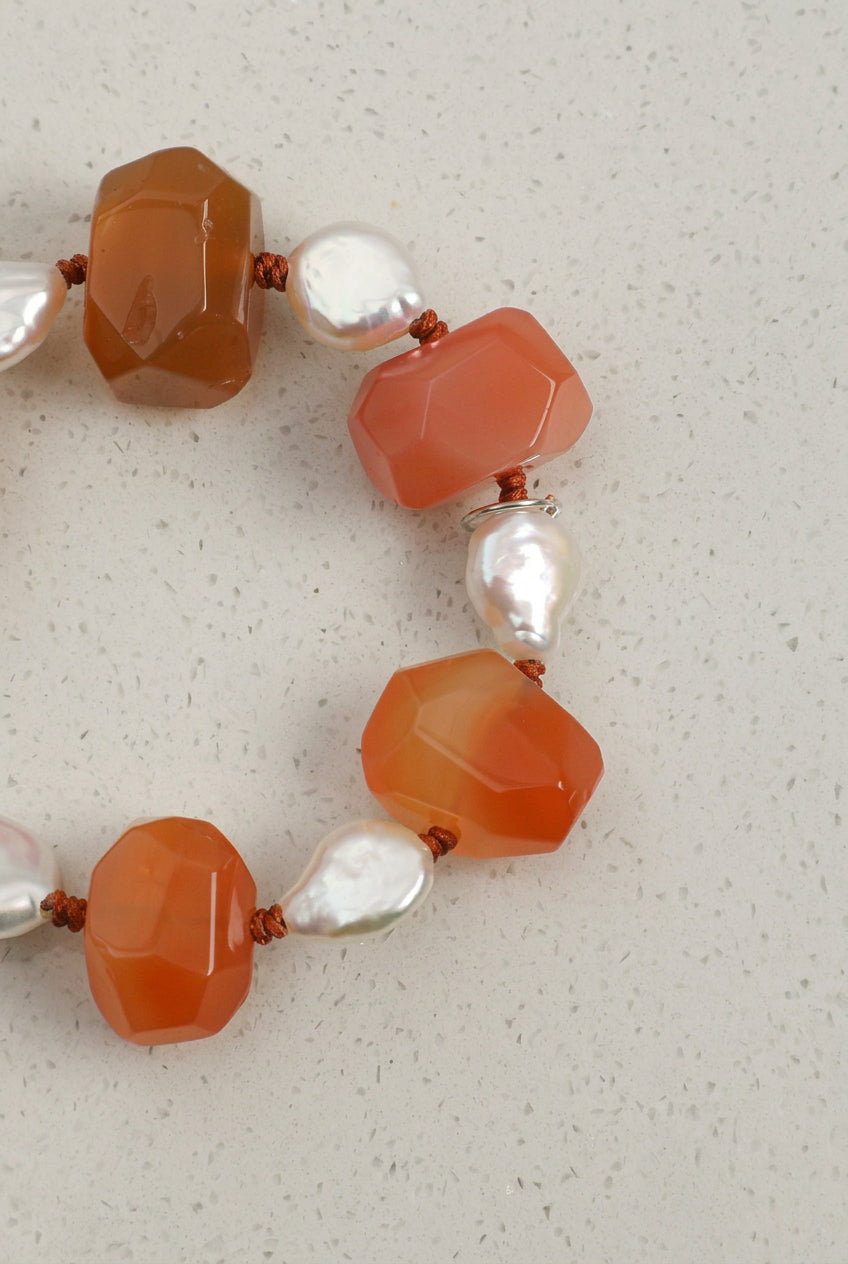 Red Agate & Drop Baroque Pearl /Vitality & Warm Grace/ "Crimson Warmth" Hand-Knotted Bracelet/Halloween Picks