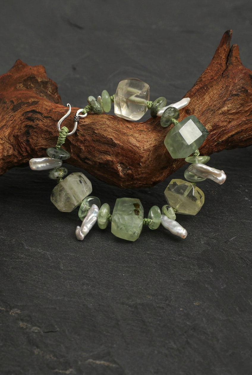 Prehnite, Citrine & Baroque Pearl /Abundance & Serenity/ "Verdant Ripple" Hand-Knotted Bracelet