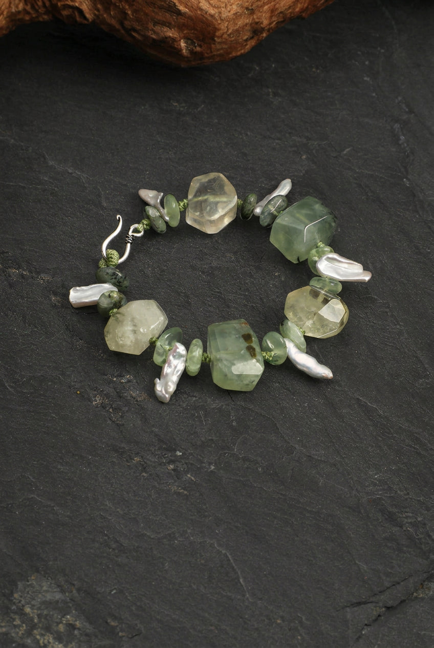 Prehnite, Citrine & Baroque Pearl /Abundance & Serenity/ "Verdant Ripple" Hand-Knotted Bracelet