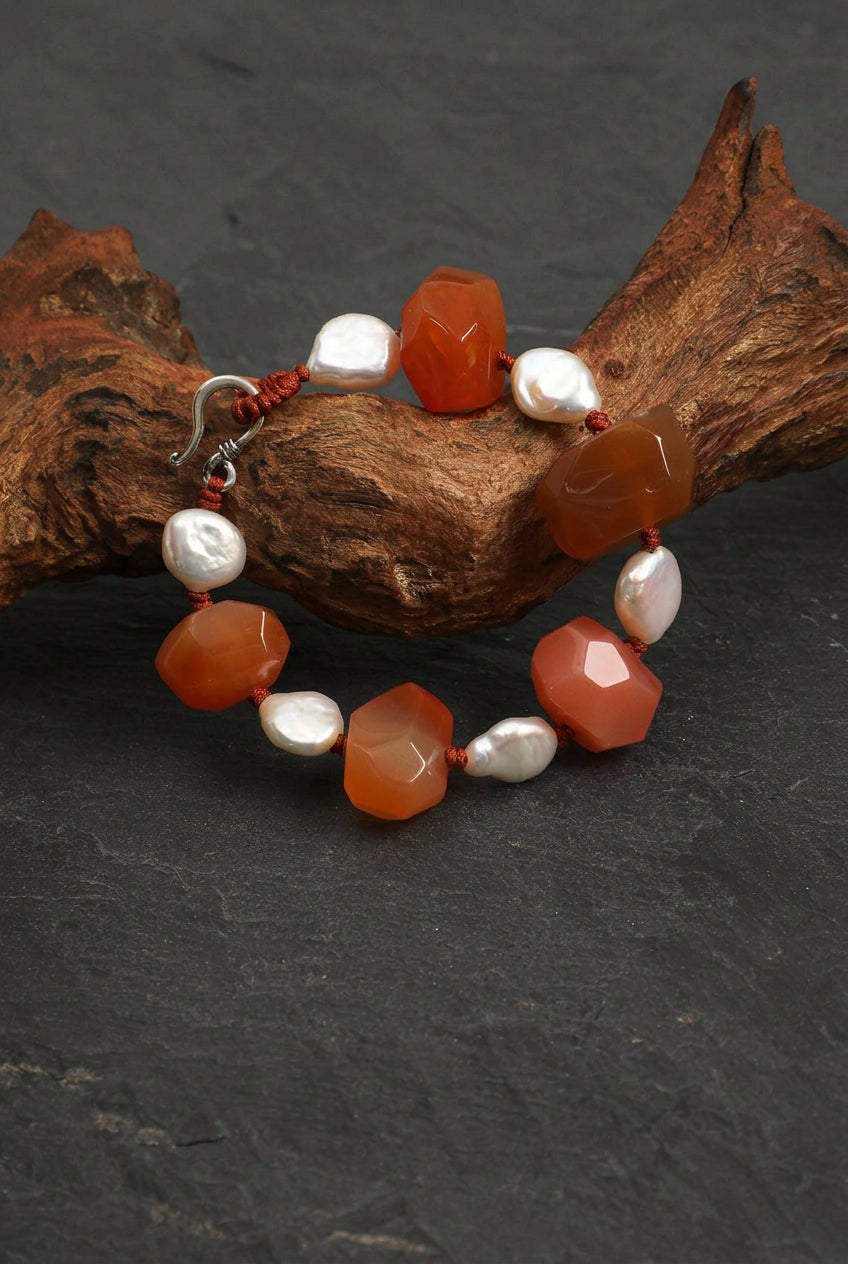 Red Agate & Drop Baroque Pearl /Vitality & Warm Grace/ "Crimson Warmth" Hand-Knotted Bracelet/Halloween Picks