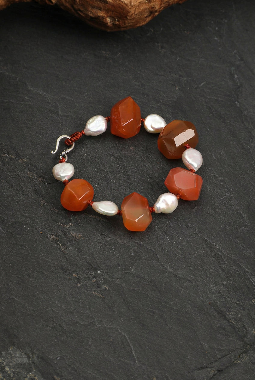Red Agate & Drop Baroque Pearl /Vitality & Warm Grace/ "Crimson Warmth" Hand-Knotted Bracelet/Halloween Picks