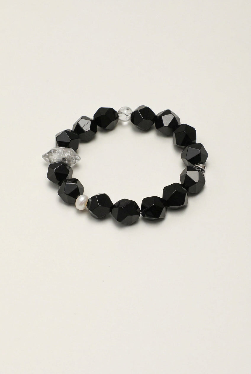 Faceted Black Onyx & Black Herkimer Diamond /Protection & Grounding/ "Shadow Radiance" Bracelet