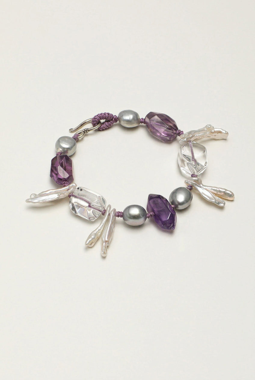 Amethyst & Baroque Pearl /Intuition & Inner Peace/ "Violet Tide" Hand-Knotted Bracelet