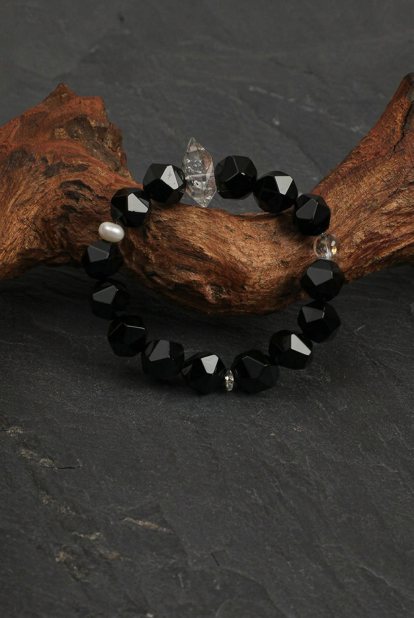 Faceted Black Onyx & Black Herkimer Diamond /Protection & Grounding/ "Shadow Radiance" Bracelet