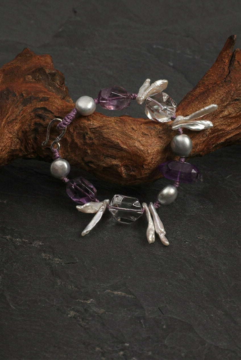 Amethyst & Baroque Pearl /Intuition & Inner Peace/ "Violet Tide" Hand-Knotted Bracelet