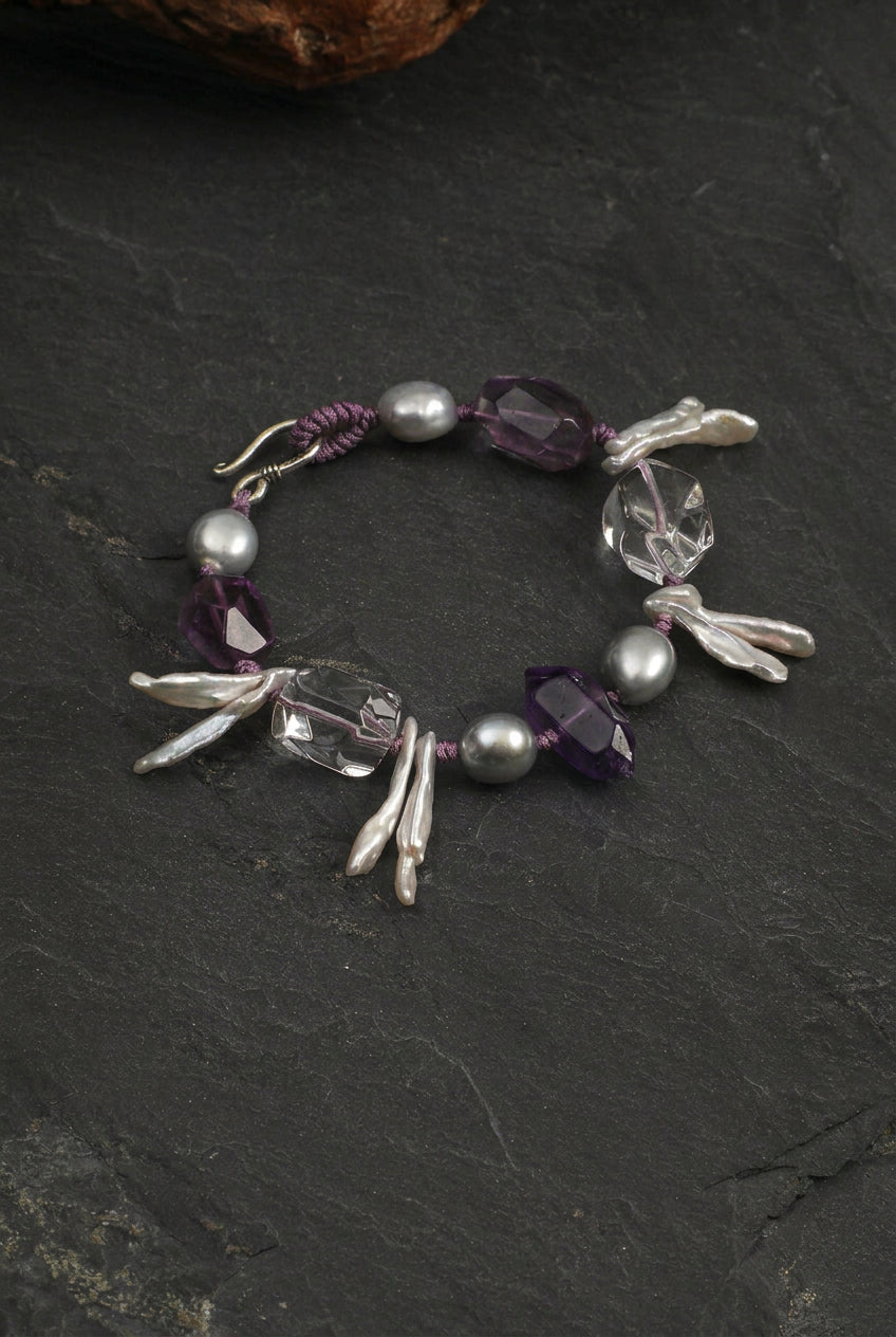 Amethyst & Baroque Pearl /Intuition & Inner Peace/ "Violet Tide" Hand-Knotted Bracelet