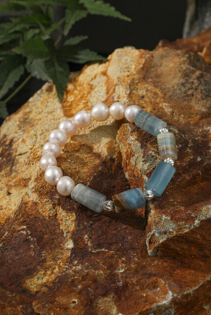 Larimar & Pearl /Tranquility & Femininity/ "Azure Amber"Bracelet