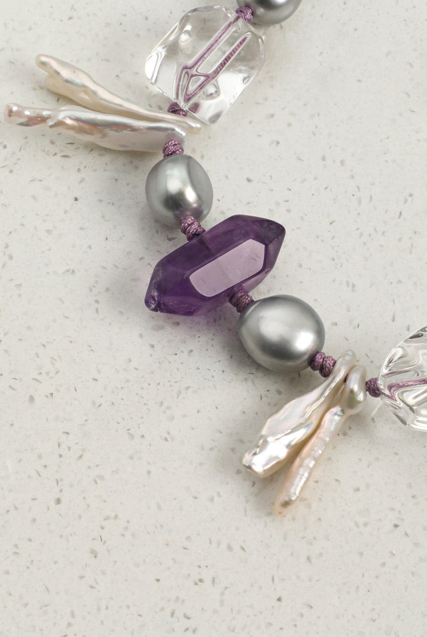 Amethyst & Baroque Pearl /Intuition & Inner Peace/ "Violet Tide" Hand-Knotted Bracelet