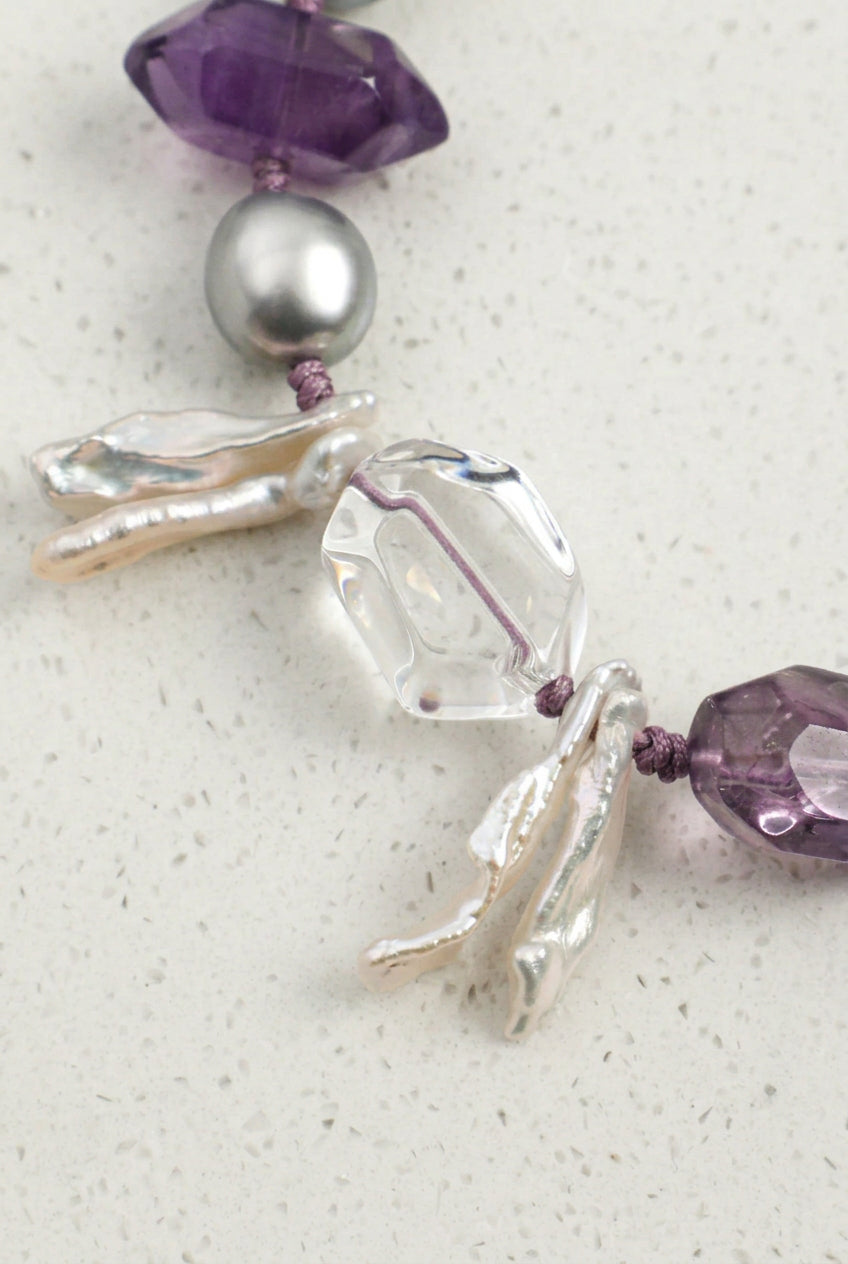 Amethyst & Baroque Pearl /Intuition & Inner Peace/ "Violet Tide" Hand-Knotted Bracelet