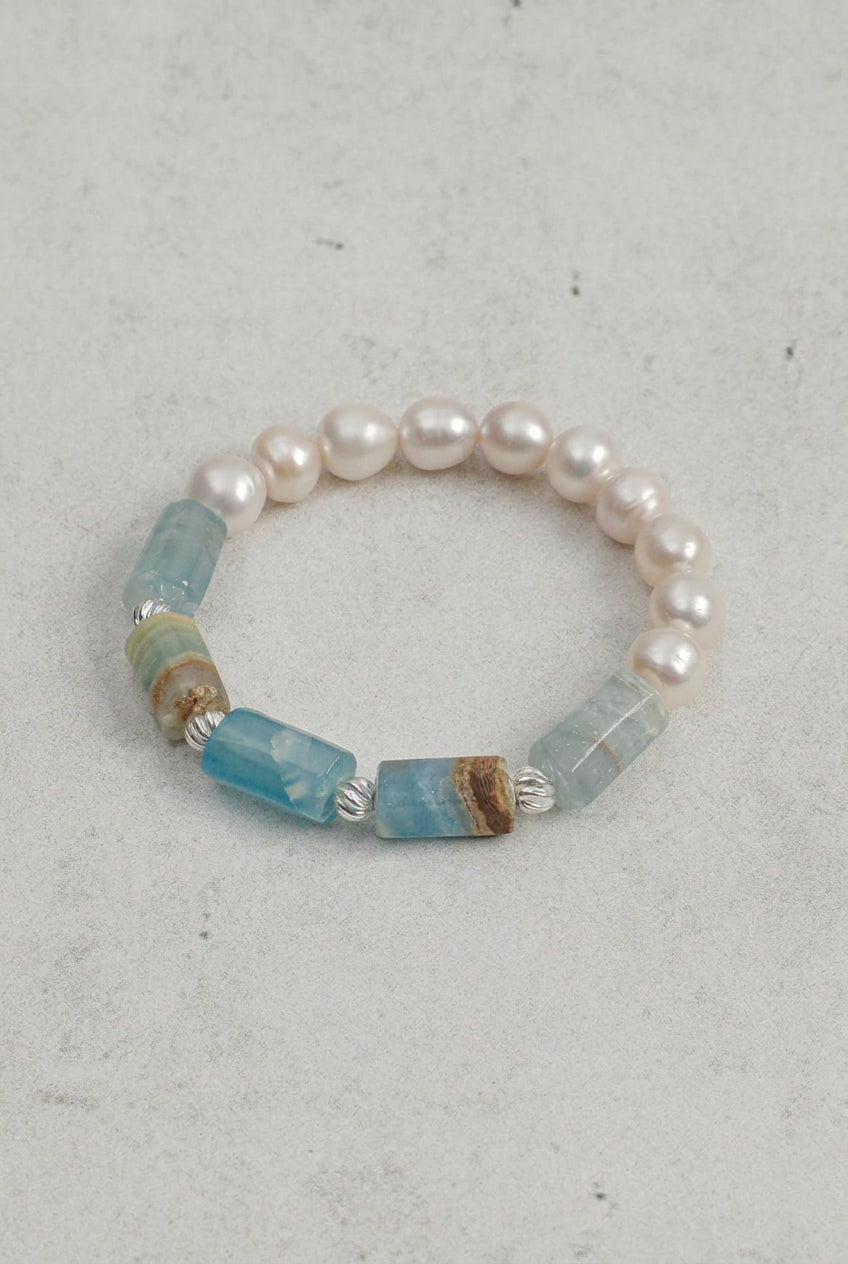 Larimar & Pearl /Tranquility & Femininity/ "Azure Amber"Bracelet