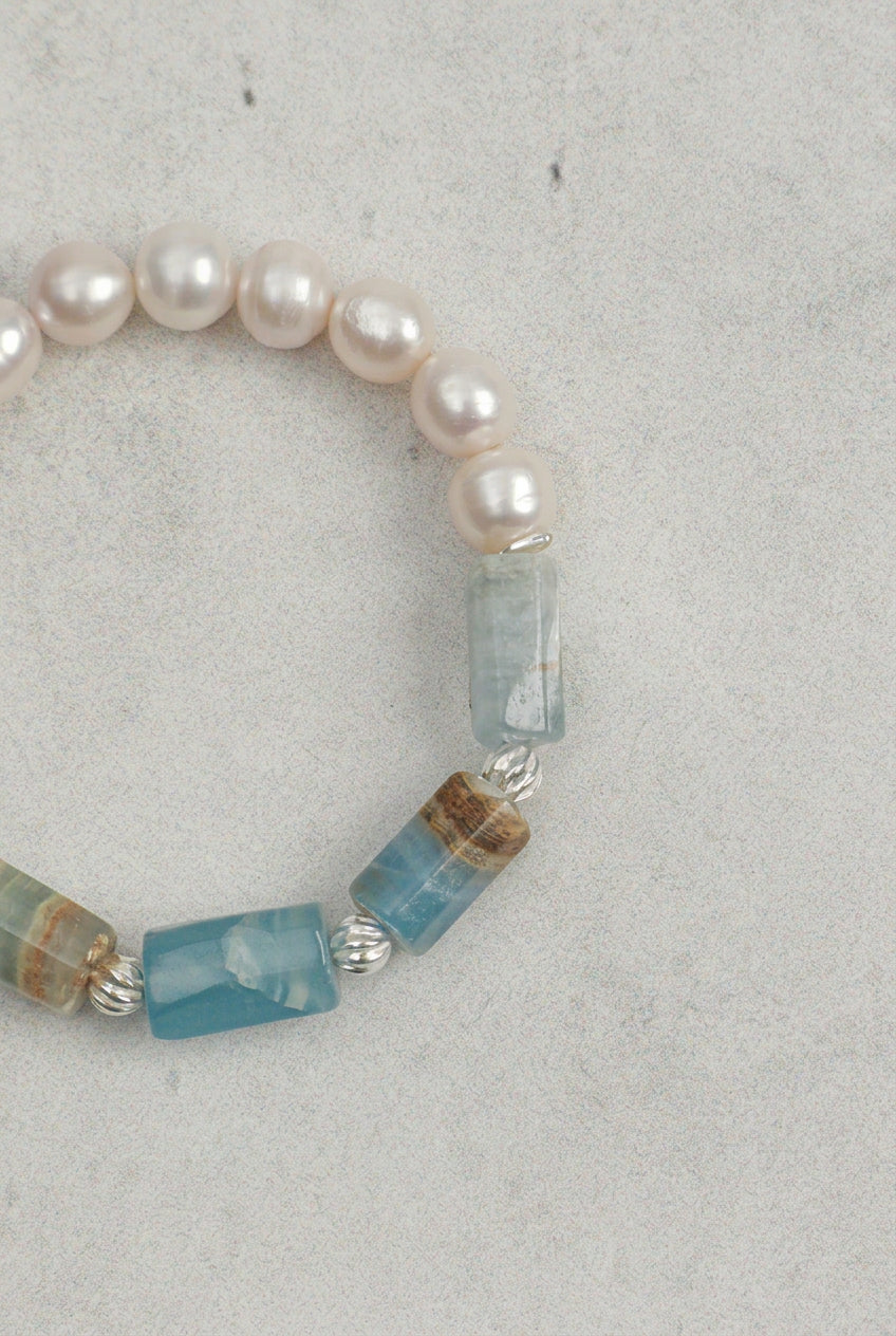 Larimar & Pearl /Tranquility & Femininity/ "Azure Amber"Bracelet
