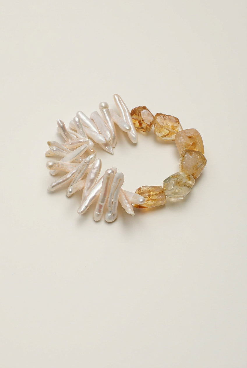 Natural Citrine & Stick Baroque Pearl /Abundance & Solar Radiance/ "Golden Sunburst" Bracelet