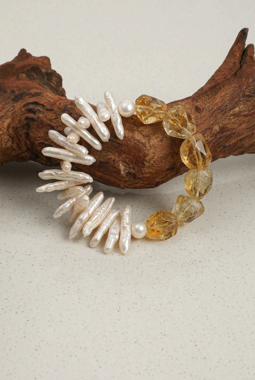 Natural Citrine & Stick Baroque Pearl /Abundance & Solar Radiance/ "Golden Sunburst" Bracelet