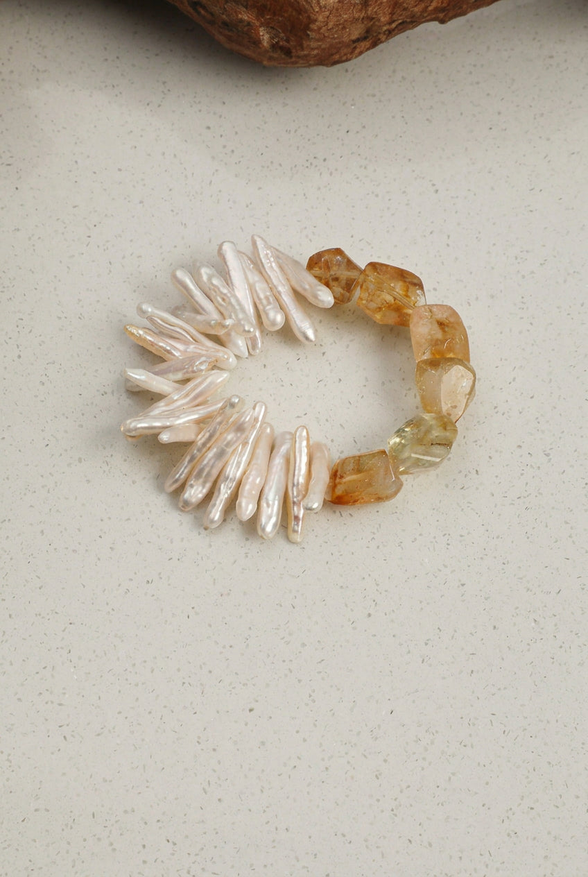 Natural Citrine & Stick Baroque Pearl /Abundance & Solar Radiance/ "Golden Sunburst" Bracelet