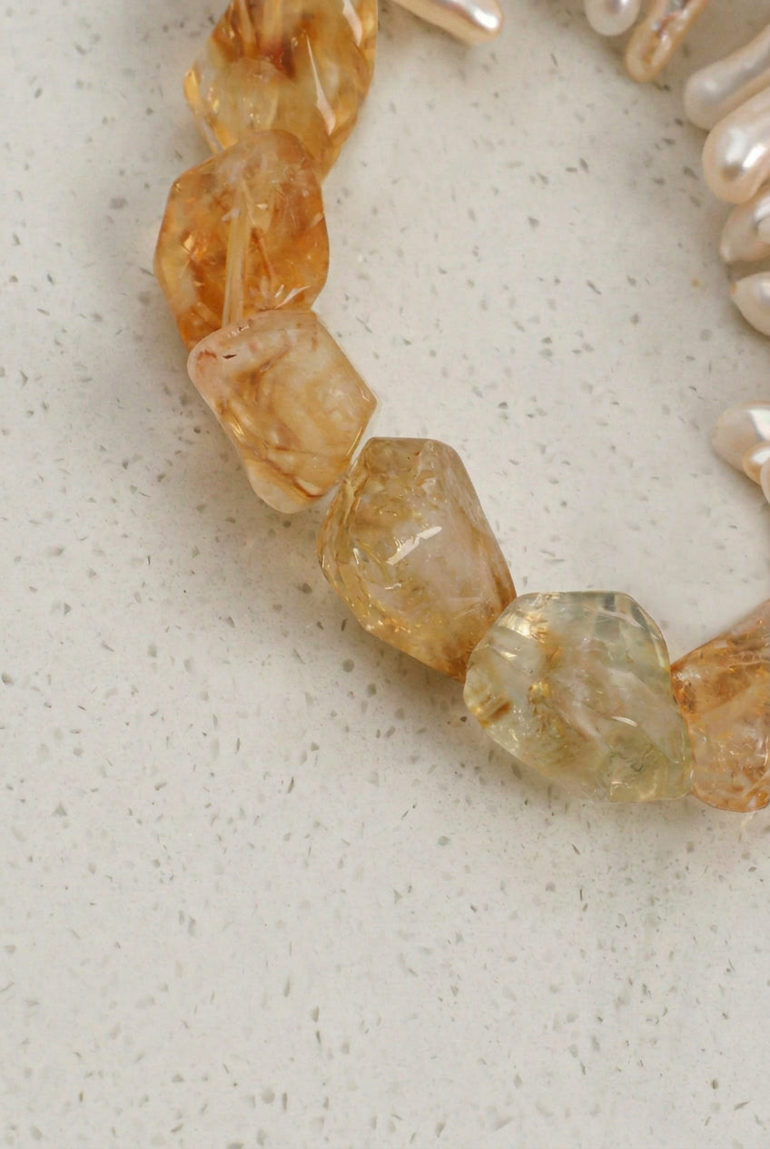 Natural Citrine & Stick Baroque Pearl /Abundance & Solar Radiance/ "Golden Sunburst" Bracelet