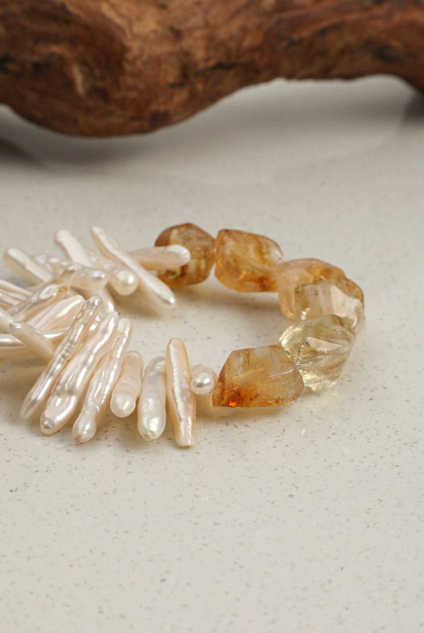 Natural Citrine & Stick Baroque Pearl /Abundance & Solar Radiance/ "Golden Sunburst" Bracelet