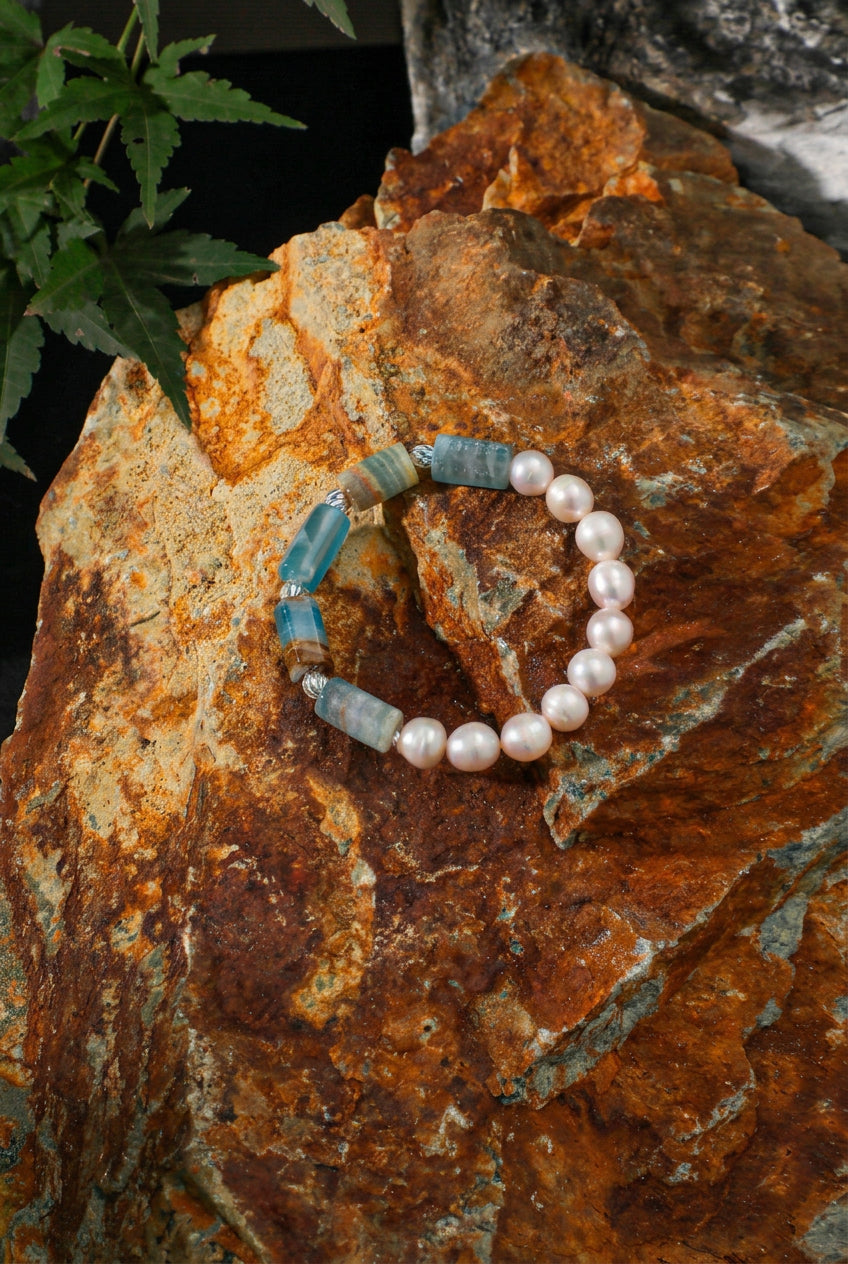 Larimar & Pearl /Tranquility & Femininity/ "Azure Amber"Bracelet