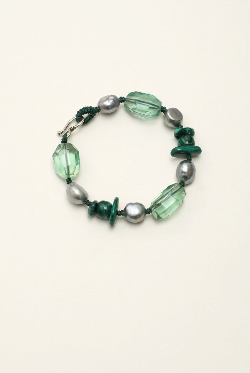 Green Quartz, Malachite & Grey Baroque Pearl /Renewal & Transformation/ "Verdant Shadow" Hand-Knotted Bracelet