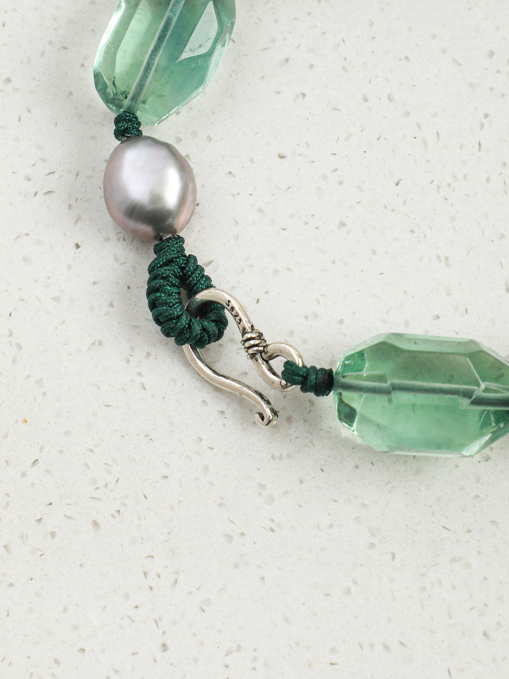 Green Quartz, Malachite & Grey Baroque Pearl /Renewal & Transformation/ "Verdant Shadow" Hand-Knotted Bracelet