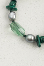 Green Quartz, Malachite & Grey Baroque Pearl /Renewal & Transformation/ "Verdant Shadow" Hand-Knotted Bracelet
