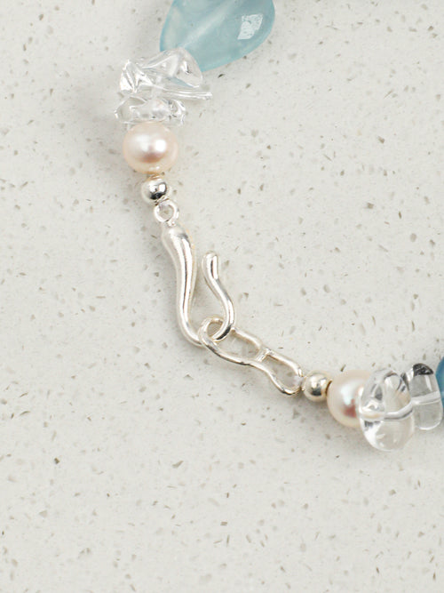 Aquamarine, Clear Quartz & Freshwater Pearl /Tranquility & Clarity/ "Glacial Azure"Bracelet