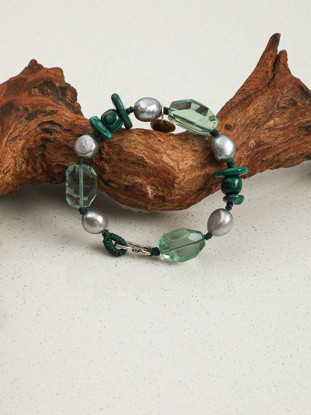 Green Quartz, Malachite & Grey Baroque Pearl /Renewal & Transformation/ "Verdant Shadow" Hand-Knotted Bracelet