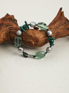 Green Quartz, Malachite & Grey Baroque Pearl /Renewal & Transformation/ "Verdant Shadow" Hand-Knotted Bracelet