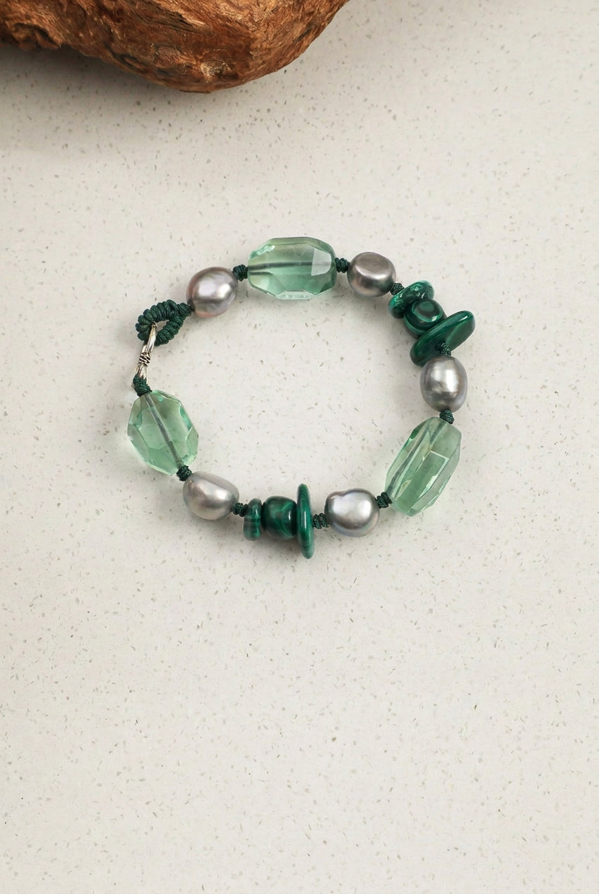 Green Quartz, Malachite & Grey Baroque Pearl /Renewal & Transformation/ "Verdant Shadow" Hand-Knotted Bracelet