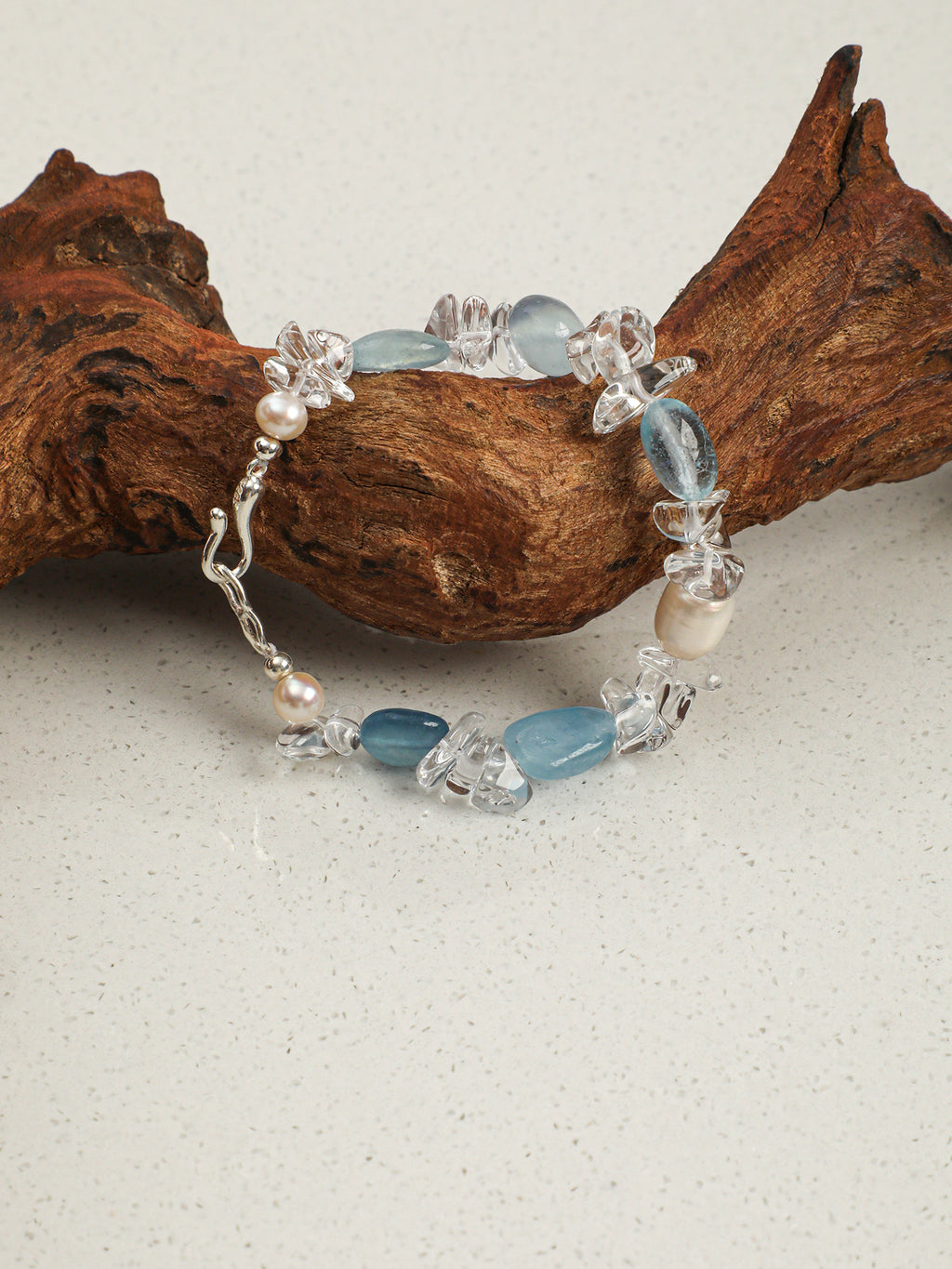 Aquamarine, Clear Quartz & Freshwater Pearl /Tranquility & Clarity/ "Glacial Azure"Bracelet
