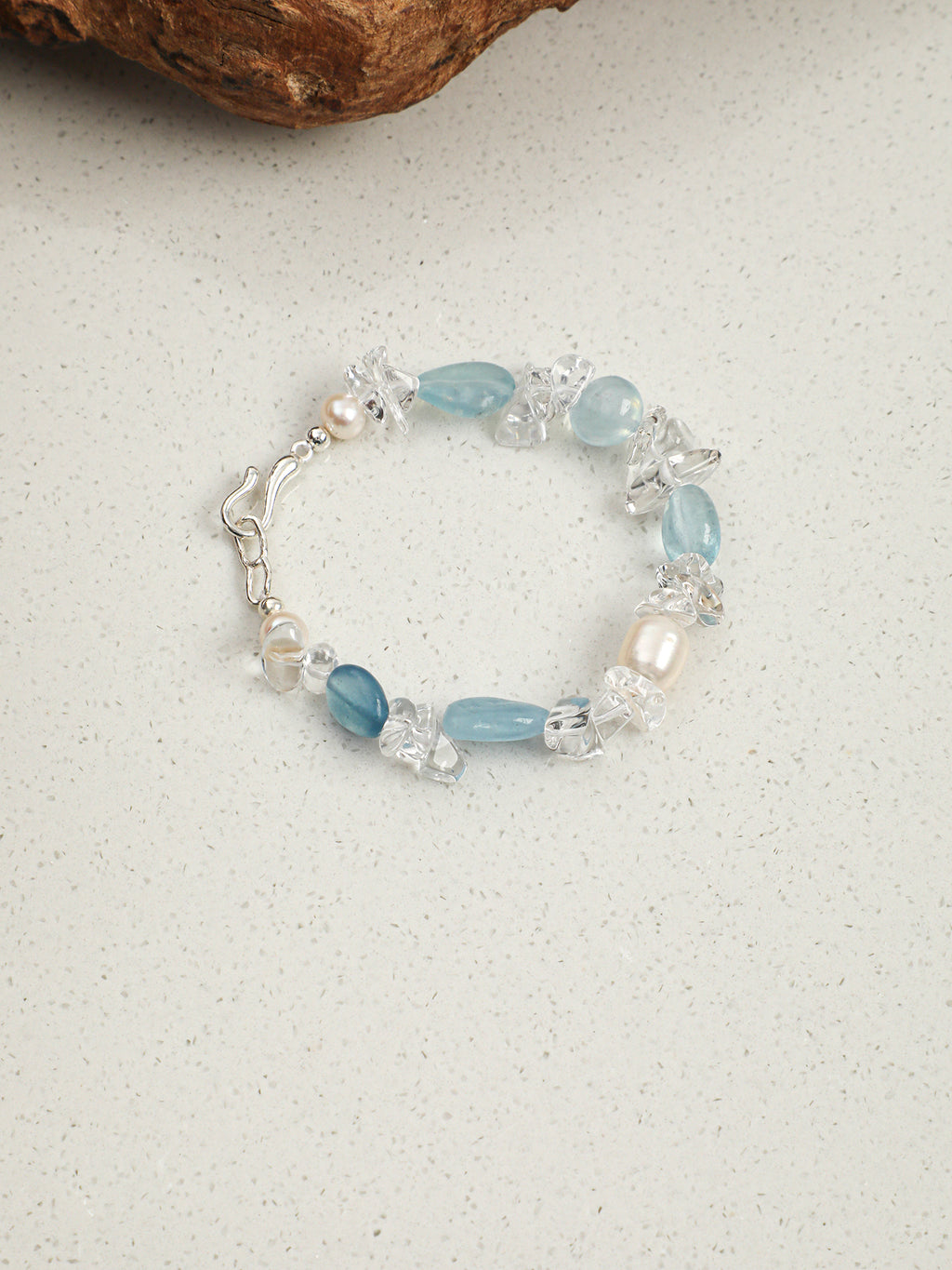 Aquamarine, Clear Quartz & Freshwater Pearl /Tranquility & Clarity/ "Glacial Azure"Bracelet