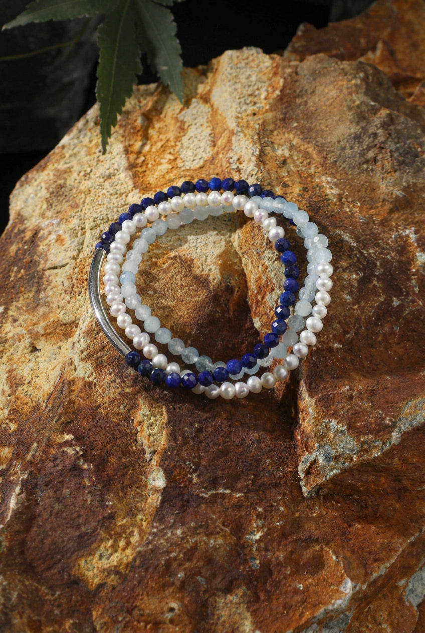 Aquamarine, Lapis Lazuli & Pearl/Confidence & Wisdom & Femininity/"Sunny Isle Silver Song" Triple Wrap Bracelet