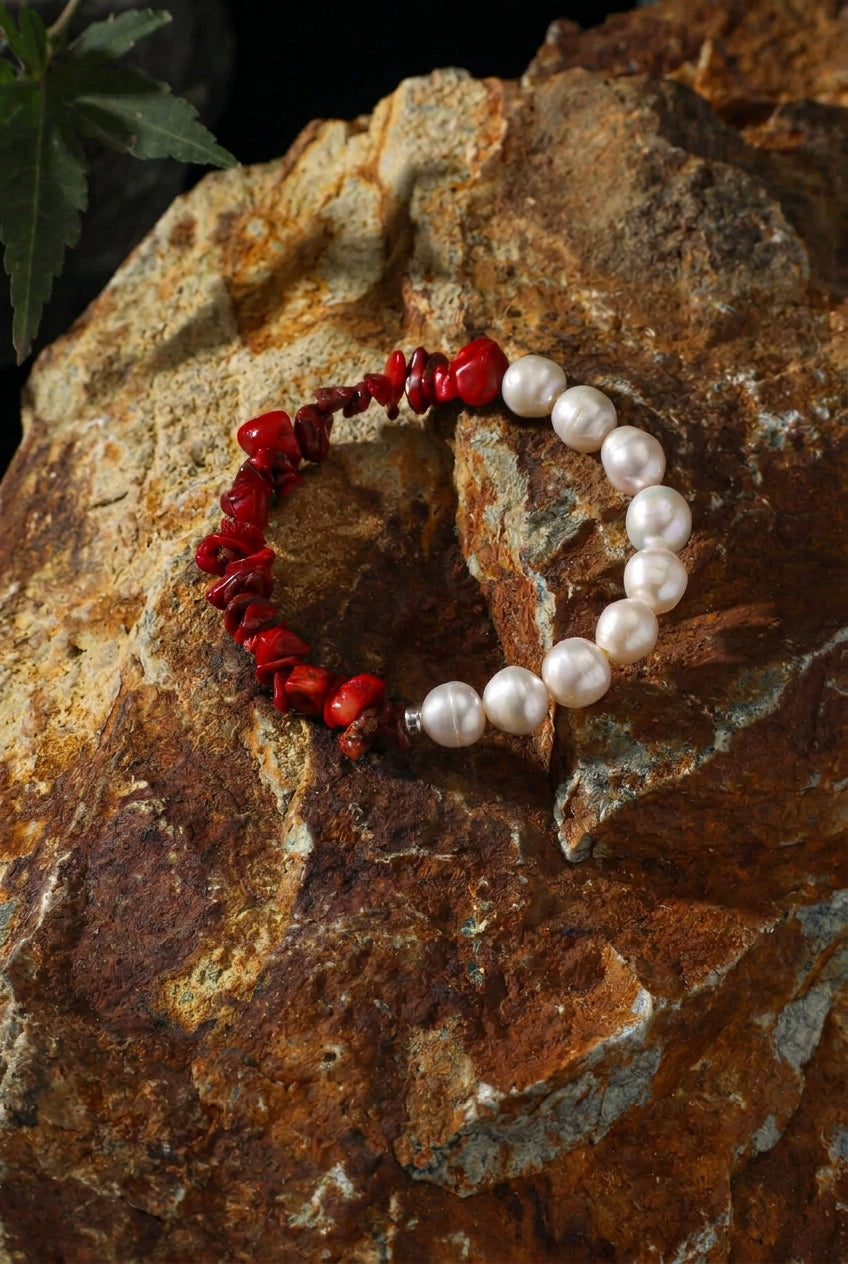 Natural Freshwater Pearl & Red Bamboo Coral /Serenity & Femininity /"Red Tide" Bracelet/Christmas Picks