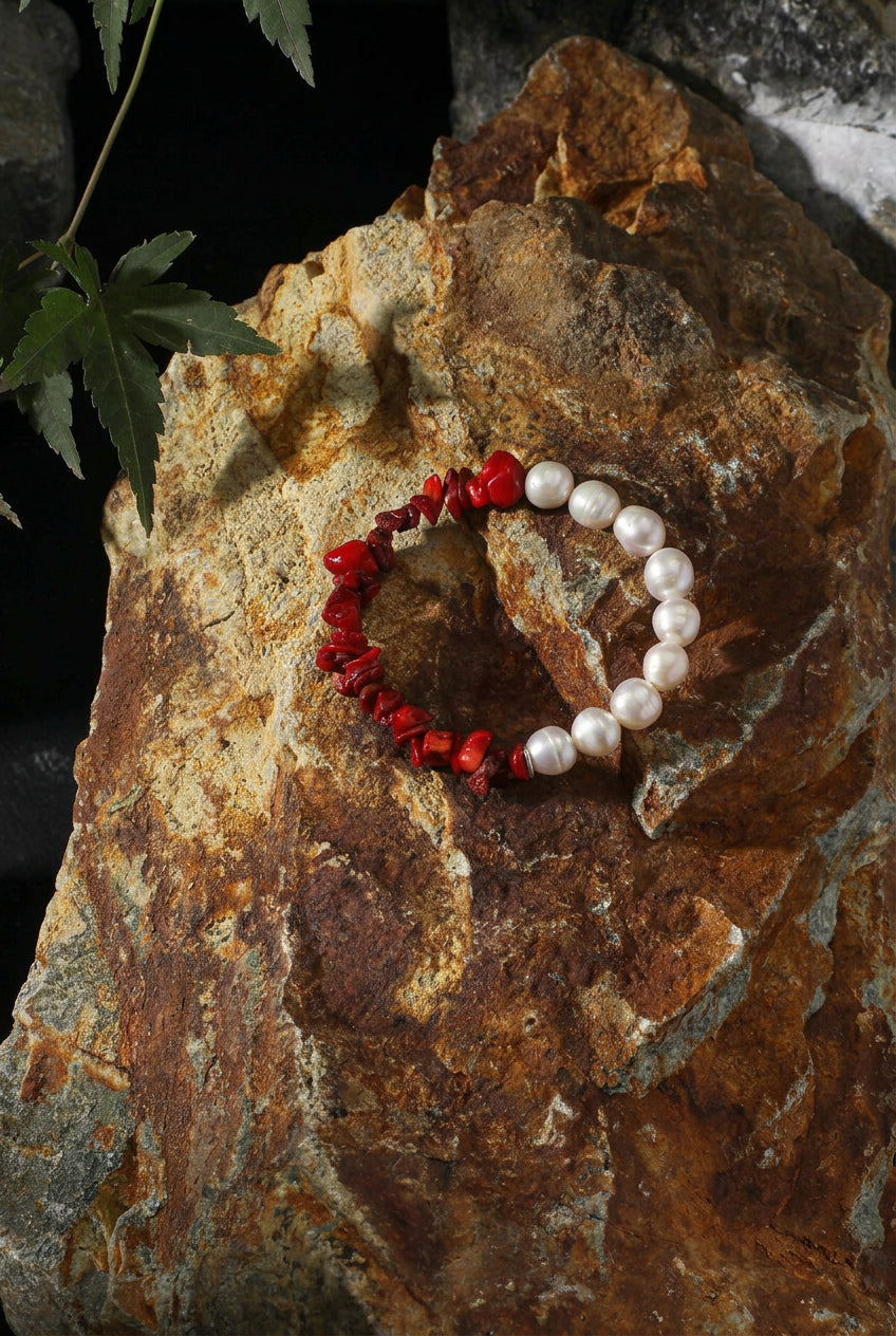Natural Freshwater Pearl & Red Bamboo Coral /Serenity & Femininity /"Red Tide" Bracelet/Christmas Picks