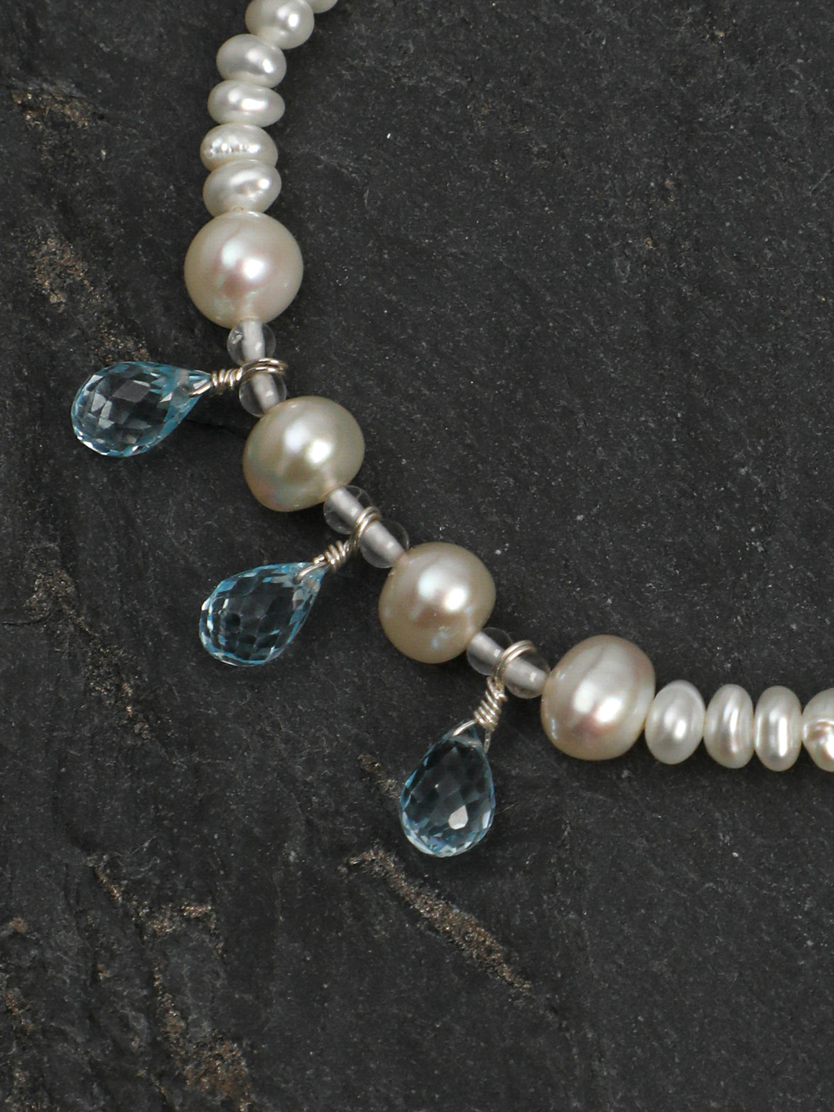 Faceted Blue Topaz Dangles & Freshwater Pearl /Emotional Healing & Clarity/ "Tears of the Sea" Bracelet
