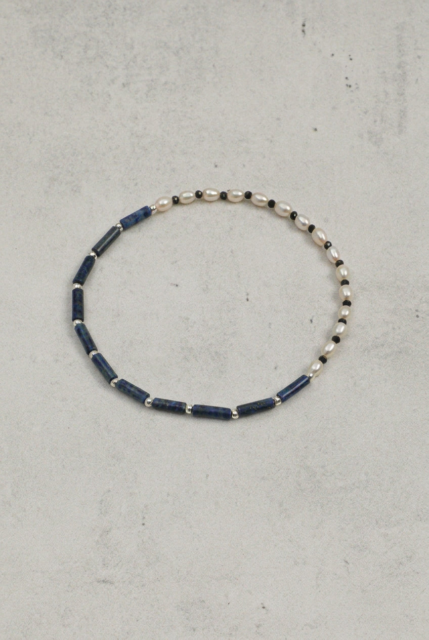Lapis Lazuli, Black Tourmaline & Pearl/Wisdom & Protection & Femininity/"Lunar Shield" Double Wrap Bracelet