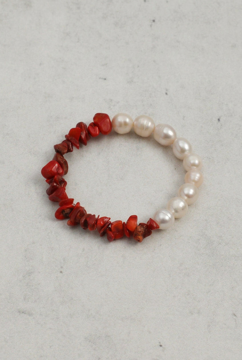 Natural Freshwater Pearl & Red Bamboo Coral /Serenity & Femininity /"Red Tide" Bracelet/Christmas Picks