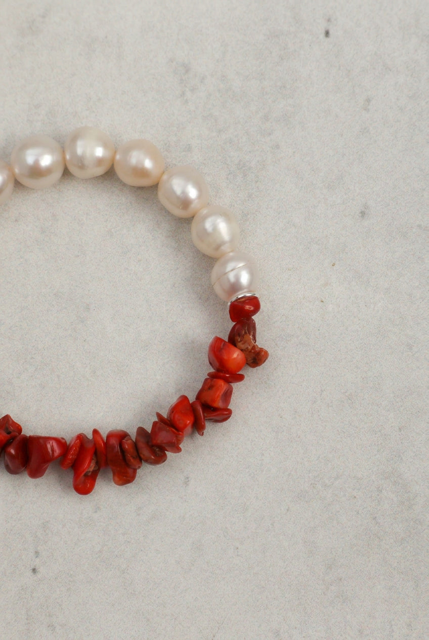 Natural Freshwater Pearl & Red Bamboo Coral /Serenity & Femininity /"Red Tide" Bracelet/Christmas Picks