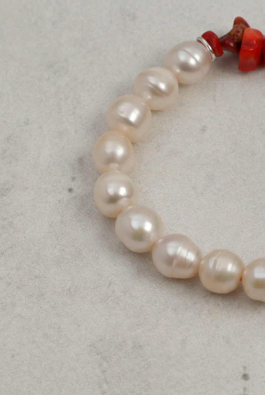 Natural Freshwater Pearl & Red Bamboo Coral /Serenity & Femininity /"Red Tide" Bracelet/Christmas Picks