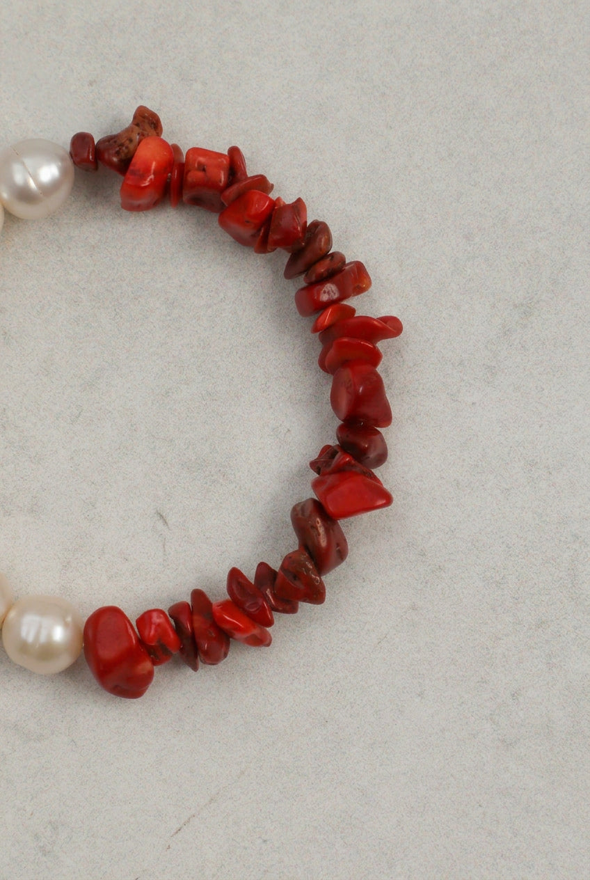Natural Freshwater Pearl & Red Bamboo Coral /Serenity & Femininity /"Red Tide" Bracelet/Christmas Picks